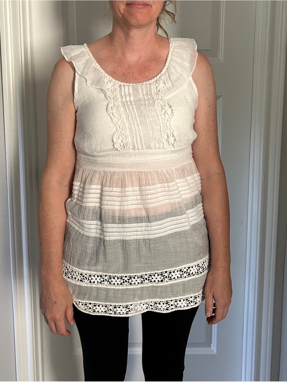 Woven Lace-Trim Sleeveless Peasant Top - White